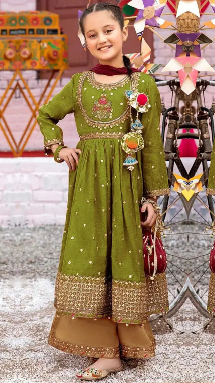 Kids 3PC Emb Lawn Dress With Net Dupatta - (Unstitched) - AL302