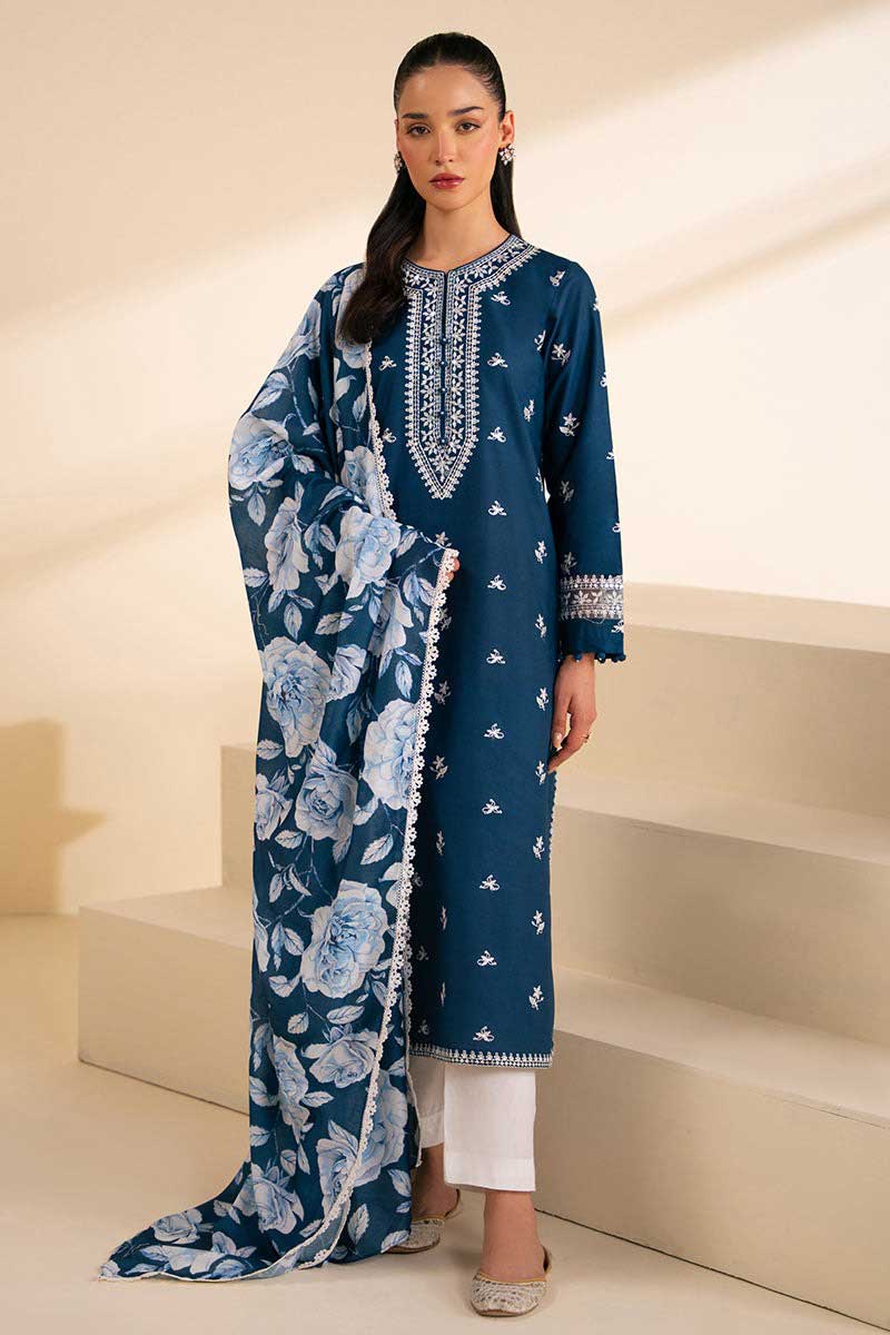 Summer 3PC Lawn Embroidered Suit with Printed Shawll (unstitch) BLUE-02