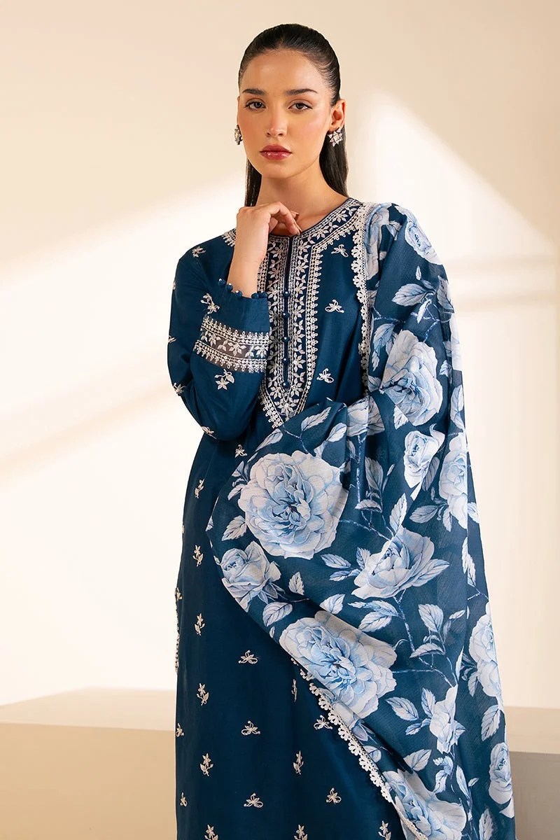 Summer 3PC Lawn Embroidered Suit with Printed Shawll (unstitch) BLUE-02