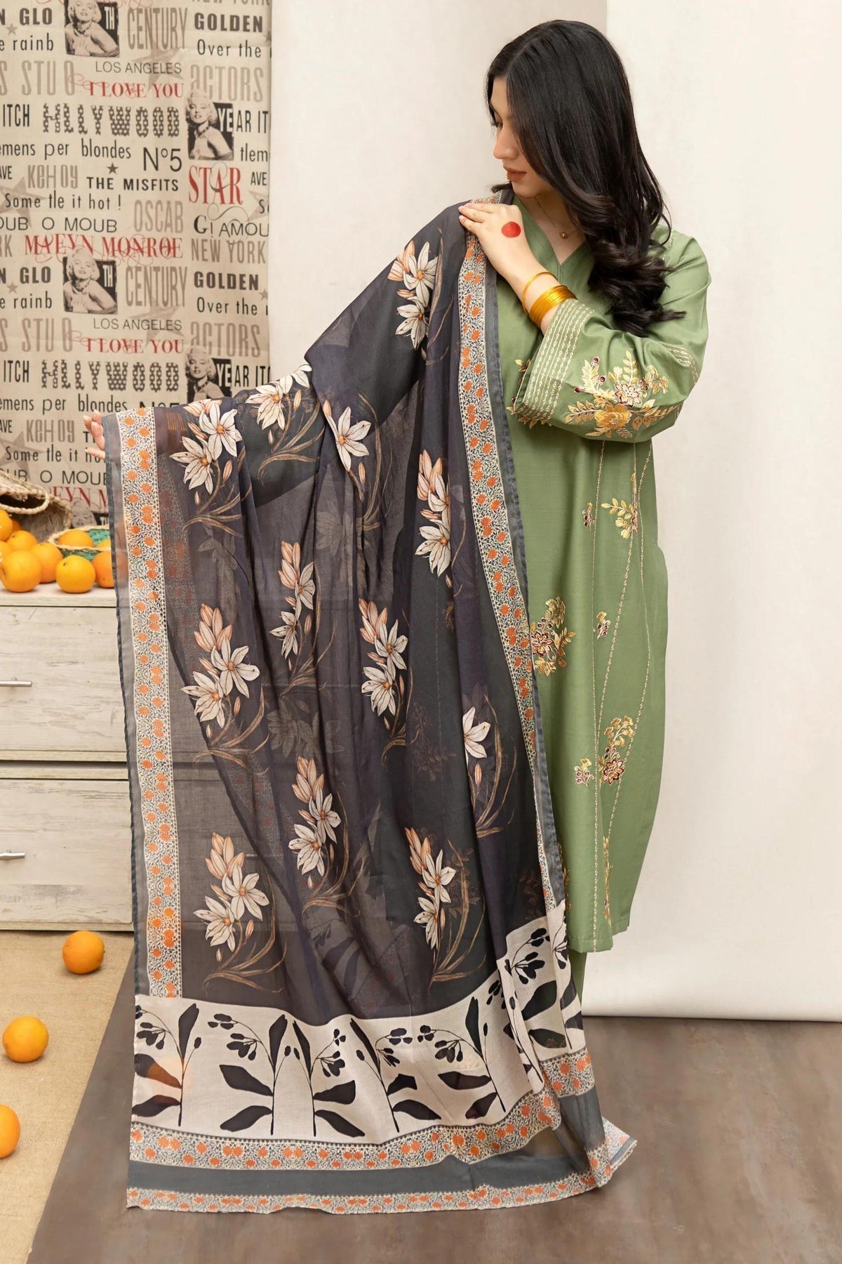 LAWN 3PC EMB  WITH DIGITAL PRINTED SHAWL AD-092