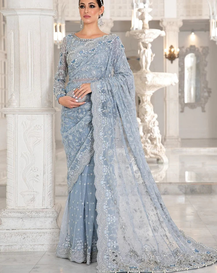 MB Couture Ice Blue Net Saree Collection -Unstitched (MB-SC03)